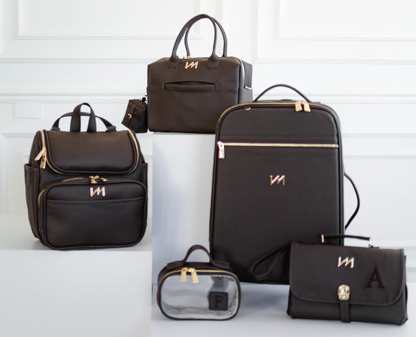 Kit de Bolsos de Maternidad Ella Café - Maleta con ruedas, Mochila 2 en 1, Madison Mini, cambiador portátil y neceser Cristal PP