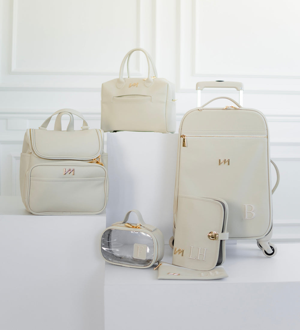 Kit Bolsas Maternidad Ella Off white - Maleta de ruedas, Bolso Madison Mini, Mochila 2 en 1, Neceser Cristal PP y kit porta documentos.