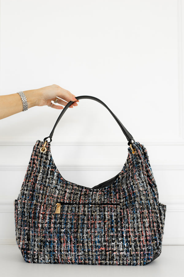 Kit Bolsas Maternidade Tweed Preto - Mala de rodinhas, Madeleine, Mochila 2 em 1, Kit Porta documentos e necessaire PP.