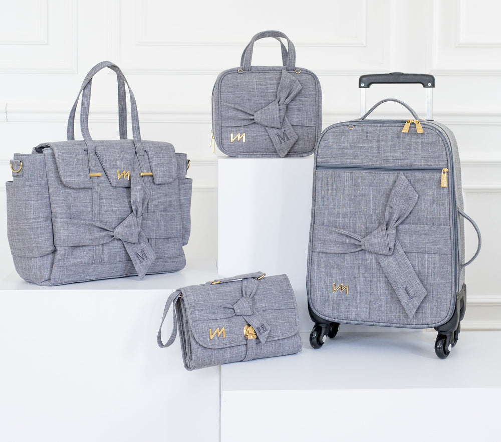 Kit de Bolsos de Maternidad Nudos Gris - Maleta de ruedas, Bolso Cleo, Nevera portátil térmica y Cambiador portátil