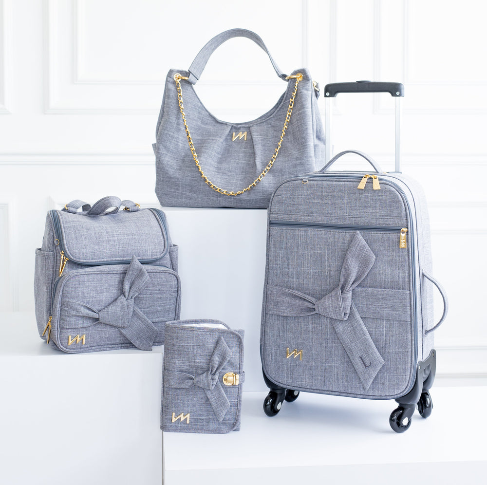 Kit Bolsas Maternidad Nudos Gris - Maleta con ruedas, Bolso Madeleine, Mochila 2 en 1 y kit portadocumentos.