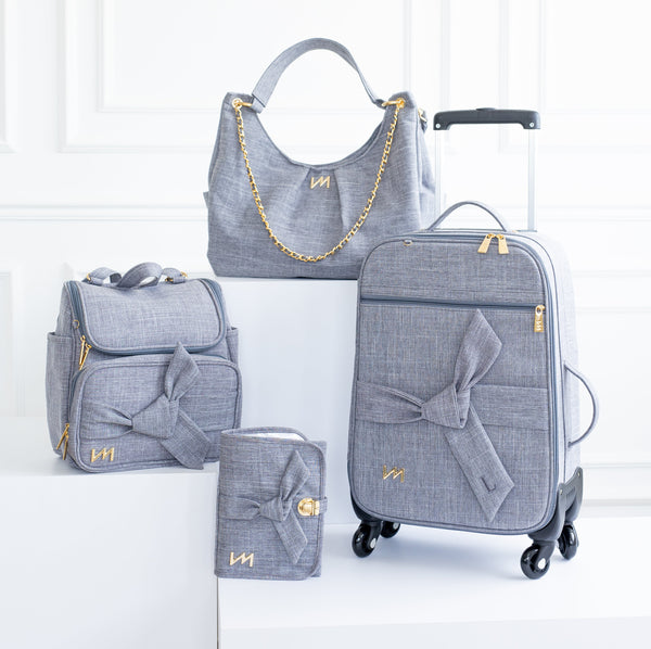 Kit Bolsas Maternidad Nudos Gris - Maleta con ruedas, Bolso Madeleine, Mochila 2 en 1 y kit portadocumentos.