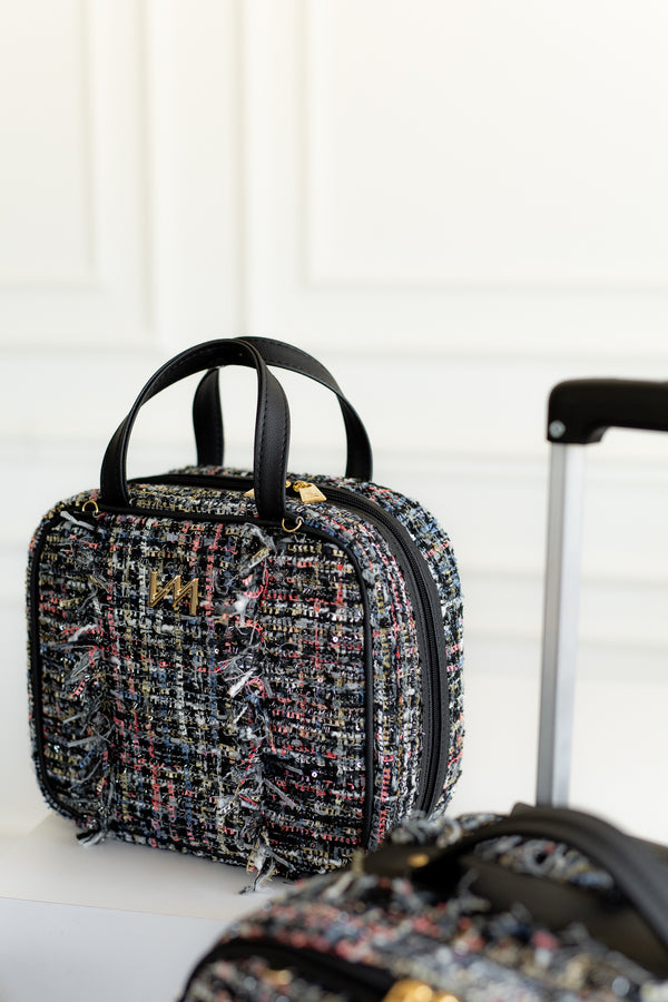 Kit Bolsas Maternidade Tweed Preto - Mala de rodinhas, Frasqueira Termica, Bolsa Cloé, Trocador Portátil e Necessaire PP.