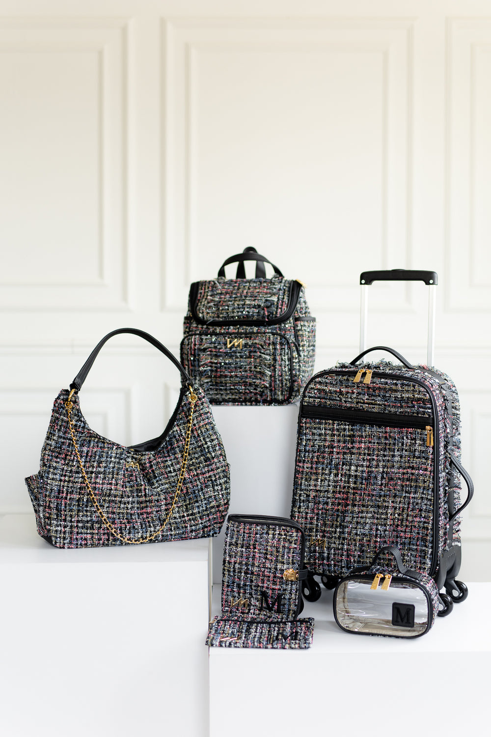 Kit Bolsas Maternidade Tweed Preto - Mala de rodinhas, Madeleine, Mochila 2 em 1, Kit Porta documentos e necessaire PP.