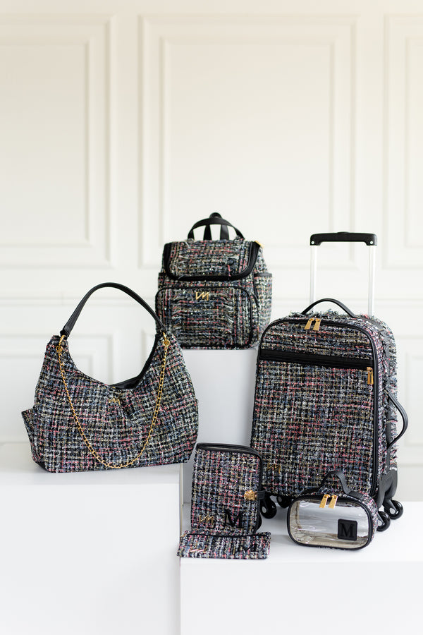 Kit Bolsas Maternidade Tweed Preto - Mala de rodinhas, Madeleine, Mochila 2 em 1, Kit Porta documentos e necessaire PP.