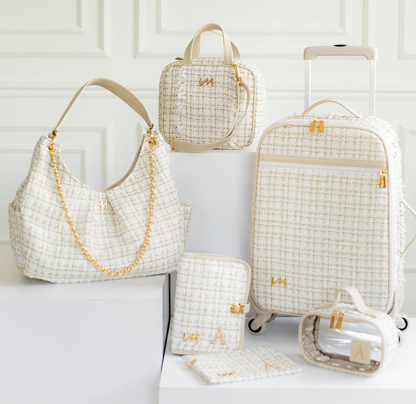 Kit Bolsas Maternidade Tweed Bege - Mala de rodinhas, Bolsa Madeleine, Frasqueira térmica, kit porta documentos e cristal PP.