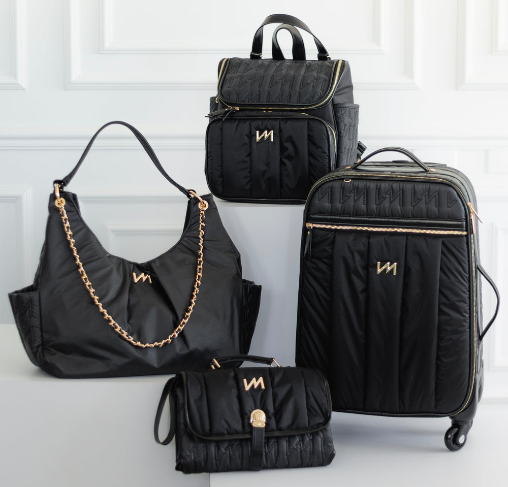 Kit de bolsos de maternidad Urban Chic negro - Maleta con ruedas, mochila 2 en 1, Madeleine y cambiador portátil.