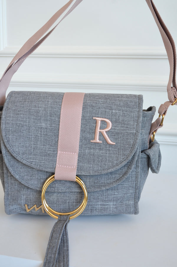 Bolso Louise Mini Glam lino gris con cinta rosé inicial R OUTLET