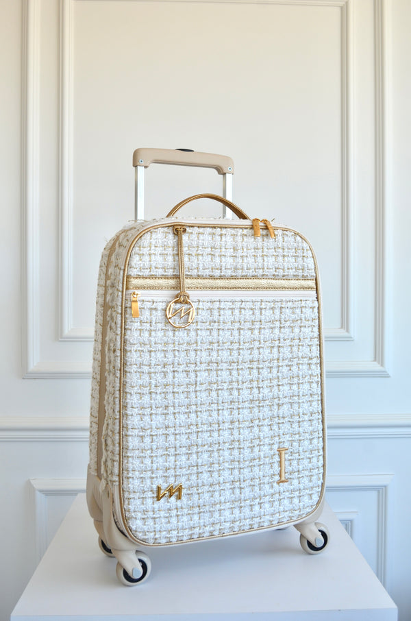 Maleta con ruedas de tweed beige con inicial I bordada en dorado OUTLET